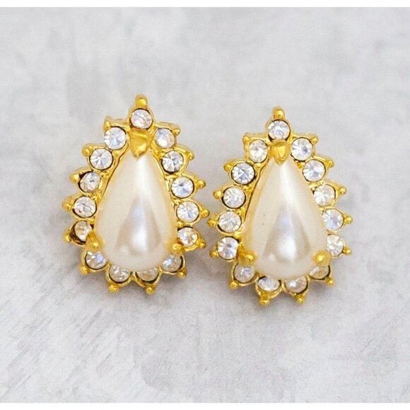 Vintage Faux Pearl Teardrop Earrings, Diamond Gem Stud Earrings - C8 - Picture 1 of 2
